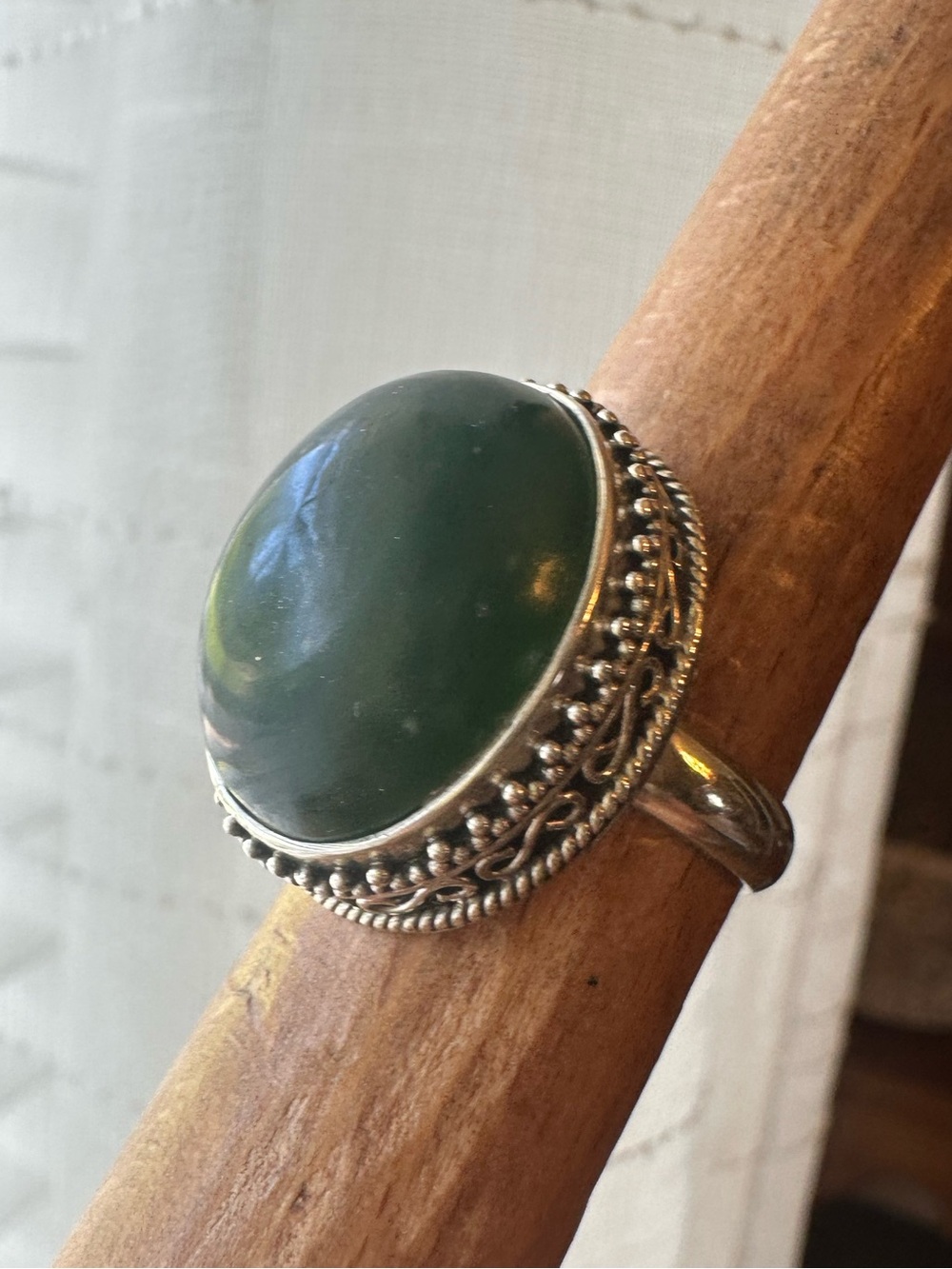 Vintage Sterling Silver 925 Nephrite Jade Cabochon Statement Ring Size 7.5